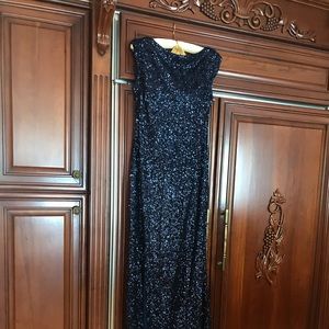 Sequin gown by Francesca Gowns, low scoop back off shoulder